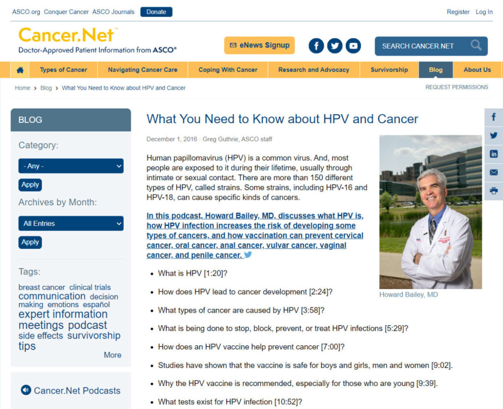 Webpage Image of Cancer.net page on HPV and Cancer